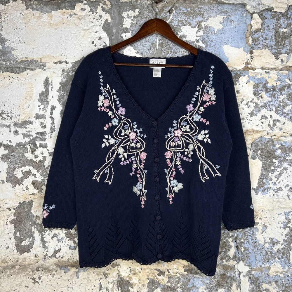Vintage 90's Jenny Cardigan Sweater Navy Blue Floral Embroidered Women L